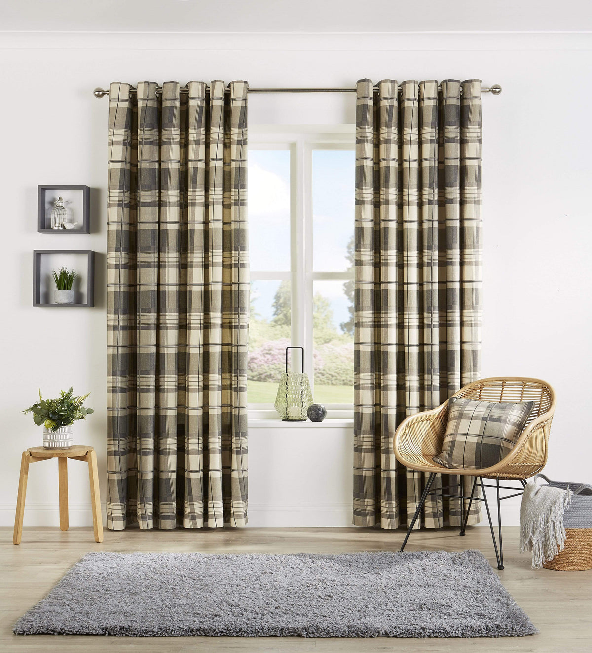 OLIVIA ROCCO Check Pattern Curtains With Matching Cushion Covers Premium Polyester Cotton Blend Eyelet Ring Top Ochre Grey Various Sizes