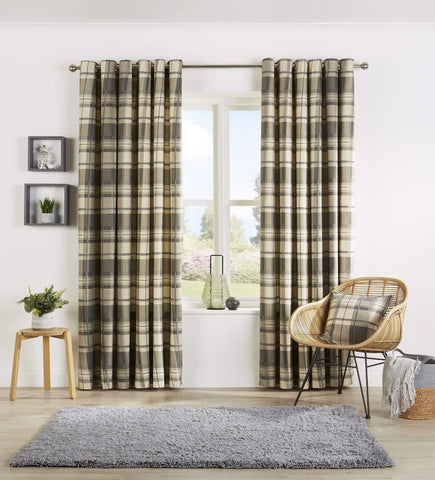 OLIVIA ROCCO Check Pattern Curtains With Matching Cushion Covers Premium Polyester Cotton Blend Eyelet Ring Top Ochre Grey Various Sizes