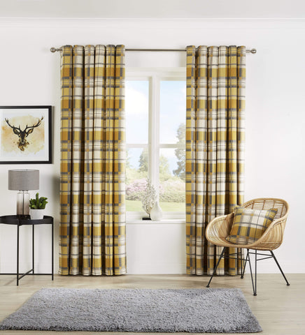 OLIVIA ROCCO Check Pattern Curtains With Matching Cushion Covers Premium Polyester Cotton Blend Eyelet Ring Top Ochre Grey Various Sizes