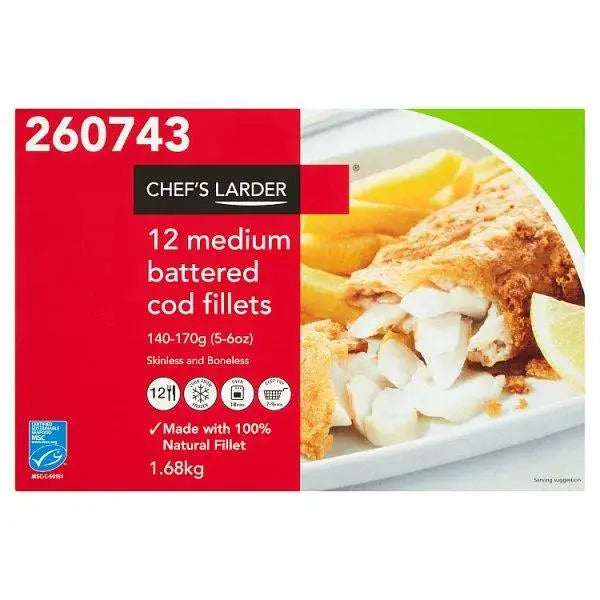 Chefs Larder 12 Medium Battered Cod Fillets 1.68kg