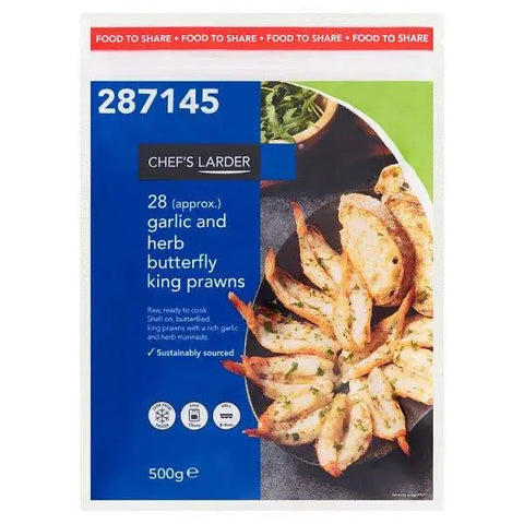 Chefs Larder 28 (approx.) Garlic and Herb Butterfly King Prawns 500g