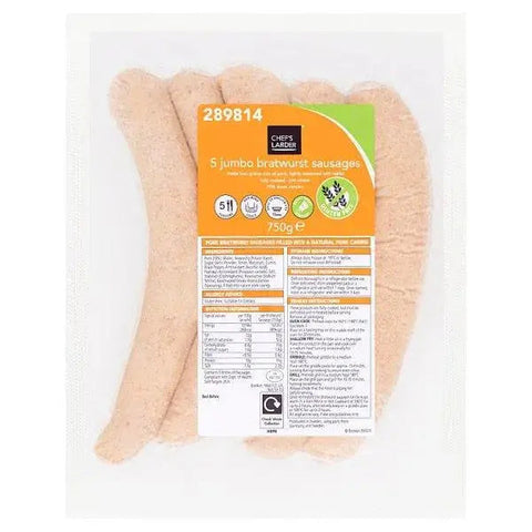 Chefs Larder 5 Jumbo Bratwurst Sausages 750g