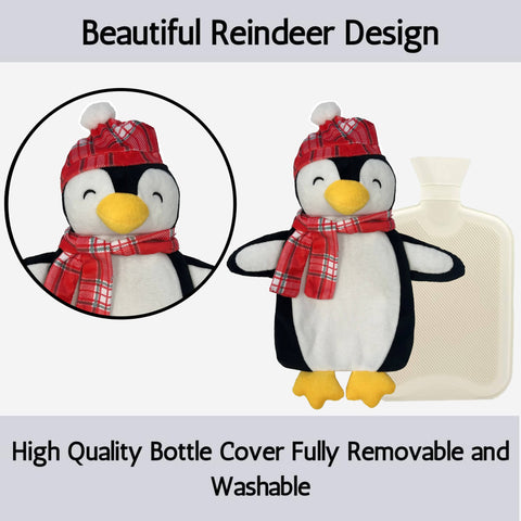 OLIVIA ROCCO Festive Penguin Christmas Hot Water Bottle 1L Natural Rubber With Cover UK Safe Tested Winter Gift For Adults And Kids