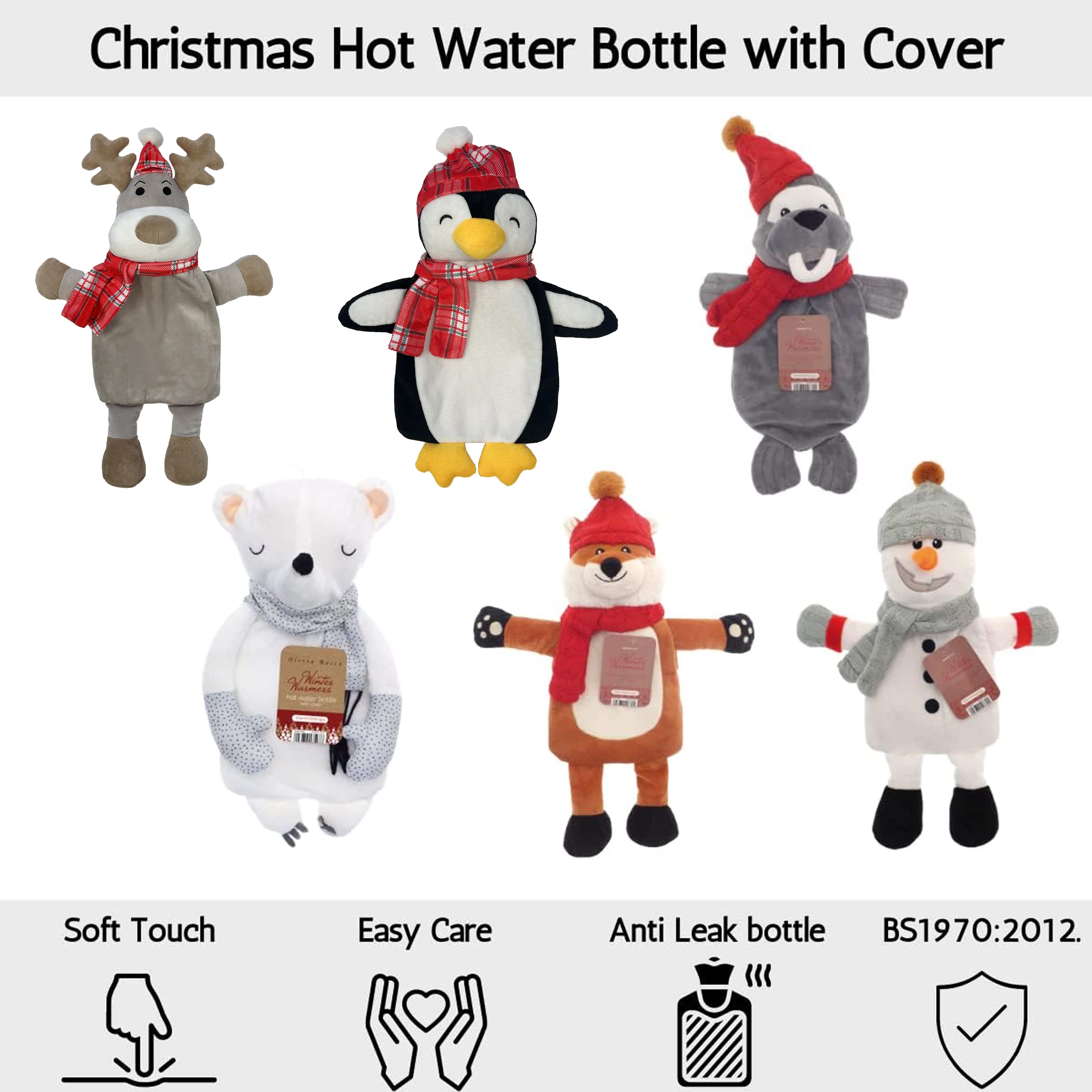 OLIVIA ROCCO Festive Penguin Christmas Hot Water Bottle 1L Natural Rubber With Cover UK Safe Tested Winter Gift For Adults And Kids