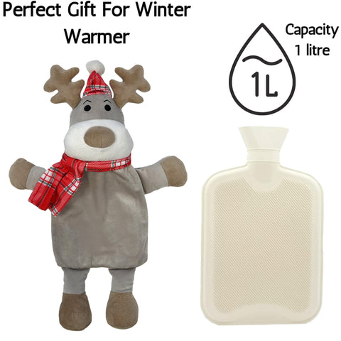 OLIVIA ROCCO Hot Water Bottle With Festive Reindeer Cover 1L Natural Rubber UK Safety Tested Ideal Gift For Adults And Kids