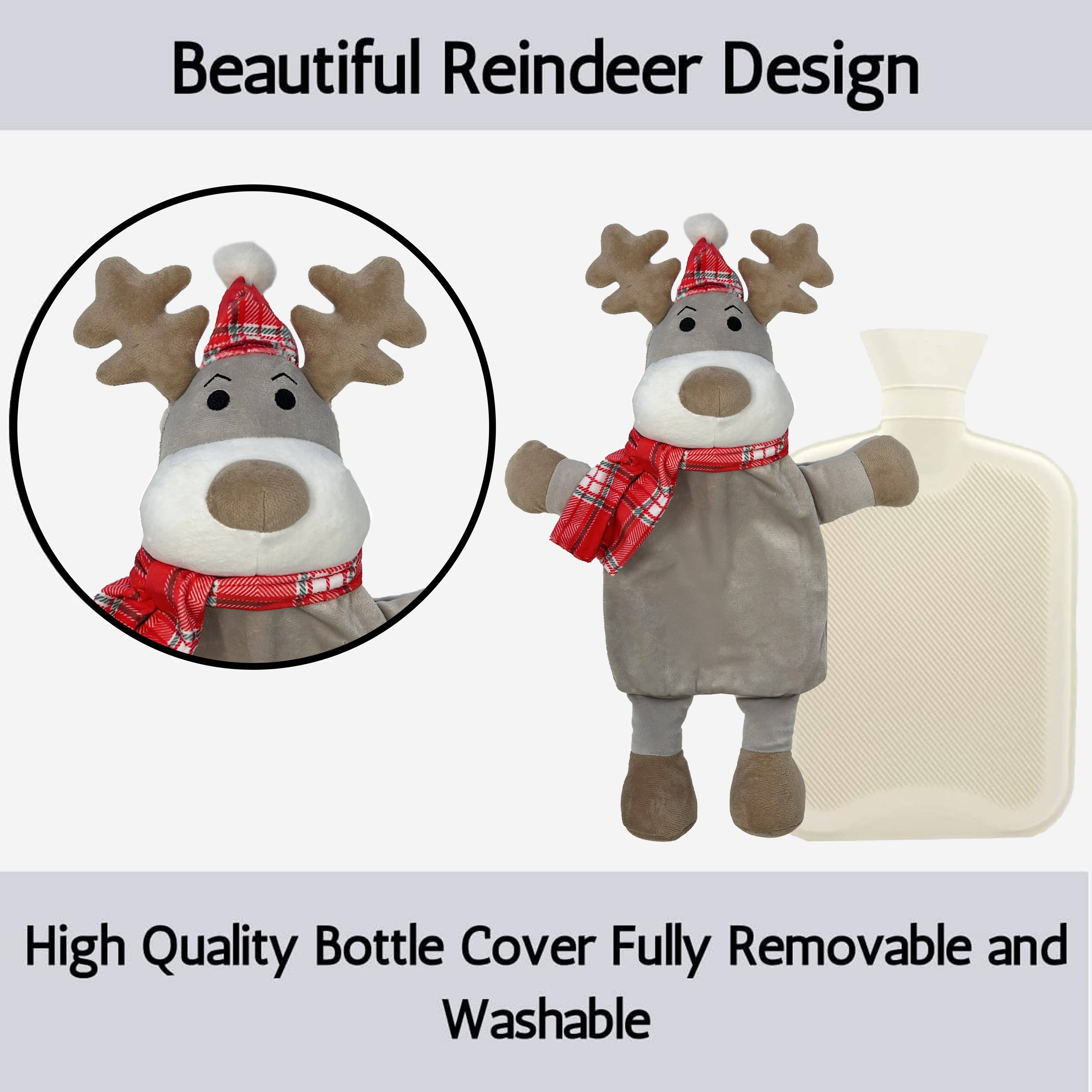 OLIVIA ROCCO Hot Water Bottle With Festive Reindeer Cover 1L Natural Rubber UK Safety Tested Ideal Gift For Adults And Kids