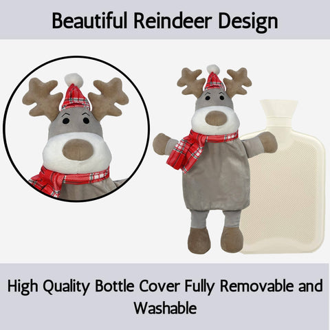 OLIVIA ROCCO Hot Water Bottle With Festive Reindeer Cover 1L Natural Rubber UK Safety Tested Ideal Gift For Adults And Kids