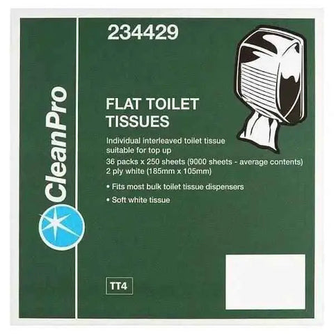 CleanPro Flat Toilet Tissues White 2 Ply 36 Packs 250 Sheets