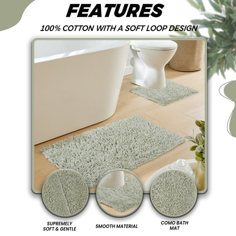 OLIVIA ROCCO Como 2 Piece Sage Green Bath Mat And Pedestal Set Non Slip Super Absorbent Cotton Bathroom Mats Machine Washable