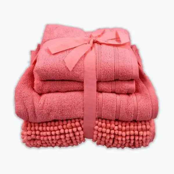 Coordinated Bobble Bath Mat & Towel Set - 4 Pack (Rose Pink)
