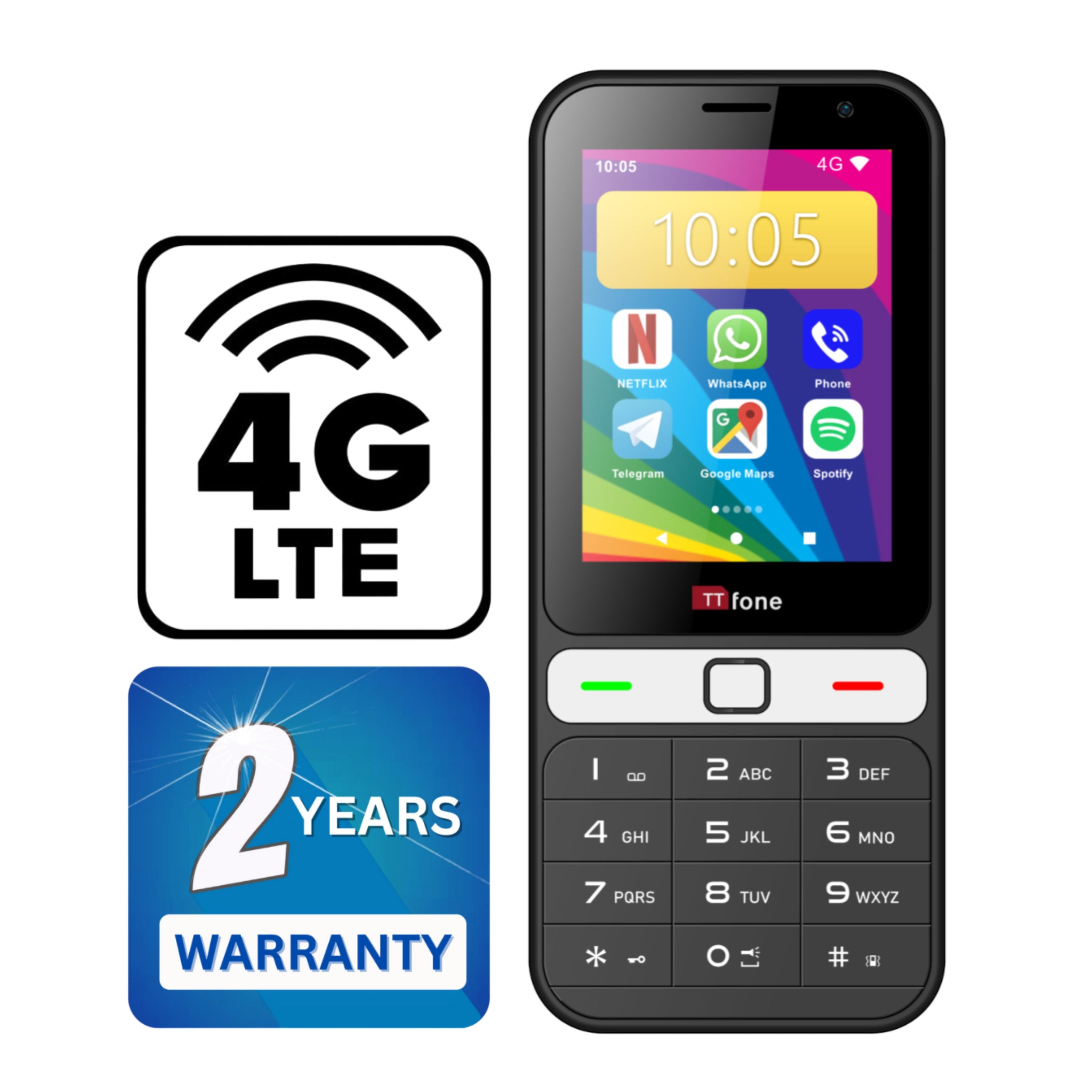 TTfone TT280  Simple 4G Dual SIM Bar Phone with Android, 2.8" Touchscreen, Keypad, 2MP Camera, USB-C - Easy to Use Unlocked Mobile (with Dock Charger and EE Sim card)