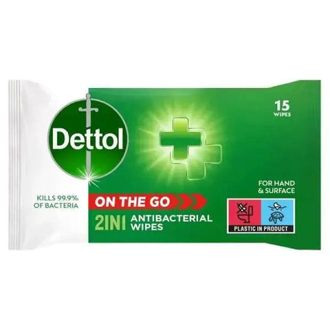 Dettol On the Go 2in1 Hand and Surface Antibacterial Wipes , 15 Wipes (Case of 9)