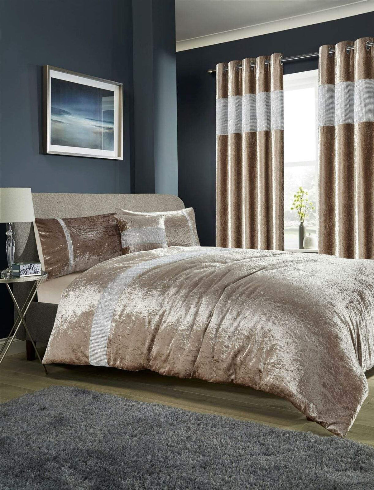 OLIVIA ROCCO Diamante Crushed Velvet Duvet Set Breathable OEKO-TEX Certified Bedding Double King Super King Silver Champagne Blush Pink