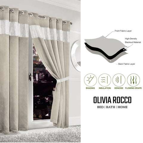OLIVIA ROCCO Diamante Natural Blackout Eyelet Curtains With Tie Backs Thermal Ring Top Window Dressings For Living Room And Bedroom