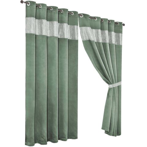 OLIVIA ROCCO Diamante Sage Green Blackout Eyelet Curtains With Tie Backs Thermal Ring Top Window Dressings For Living Room
