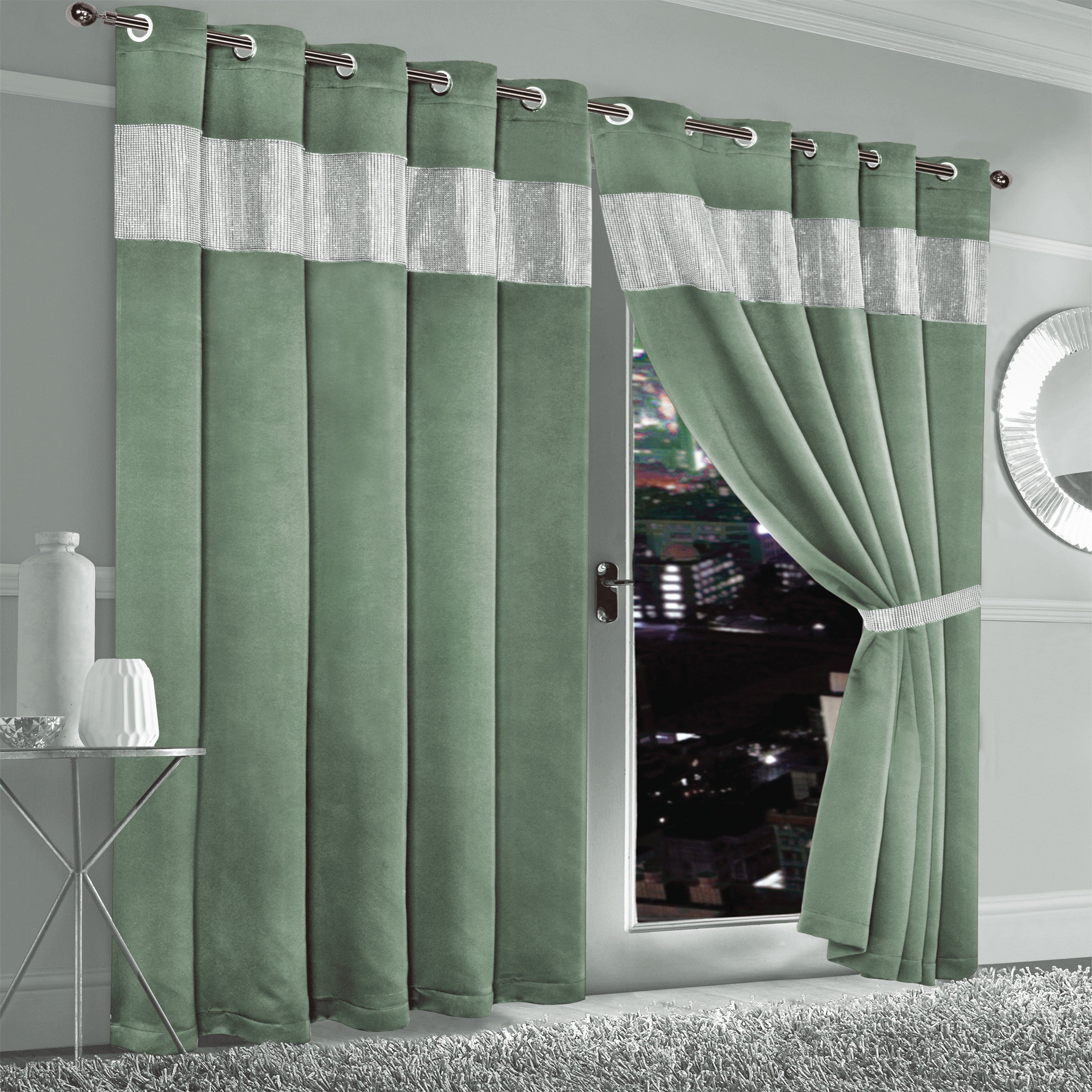 OLIVIA ROCCO Diamante Sage Green Blackout Eyelet Curtains With Tie Backs Thermal Ring Top Window Dressings For Living Room