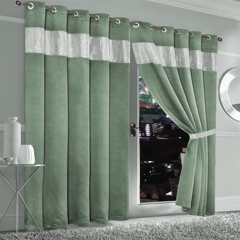 OLIVIA ROCCO Diamante Sage Green Blackout Eyelet Curtains With Tie Backs Thermal Ring Top Window Dressings For Living Room