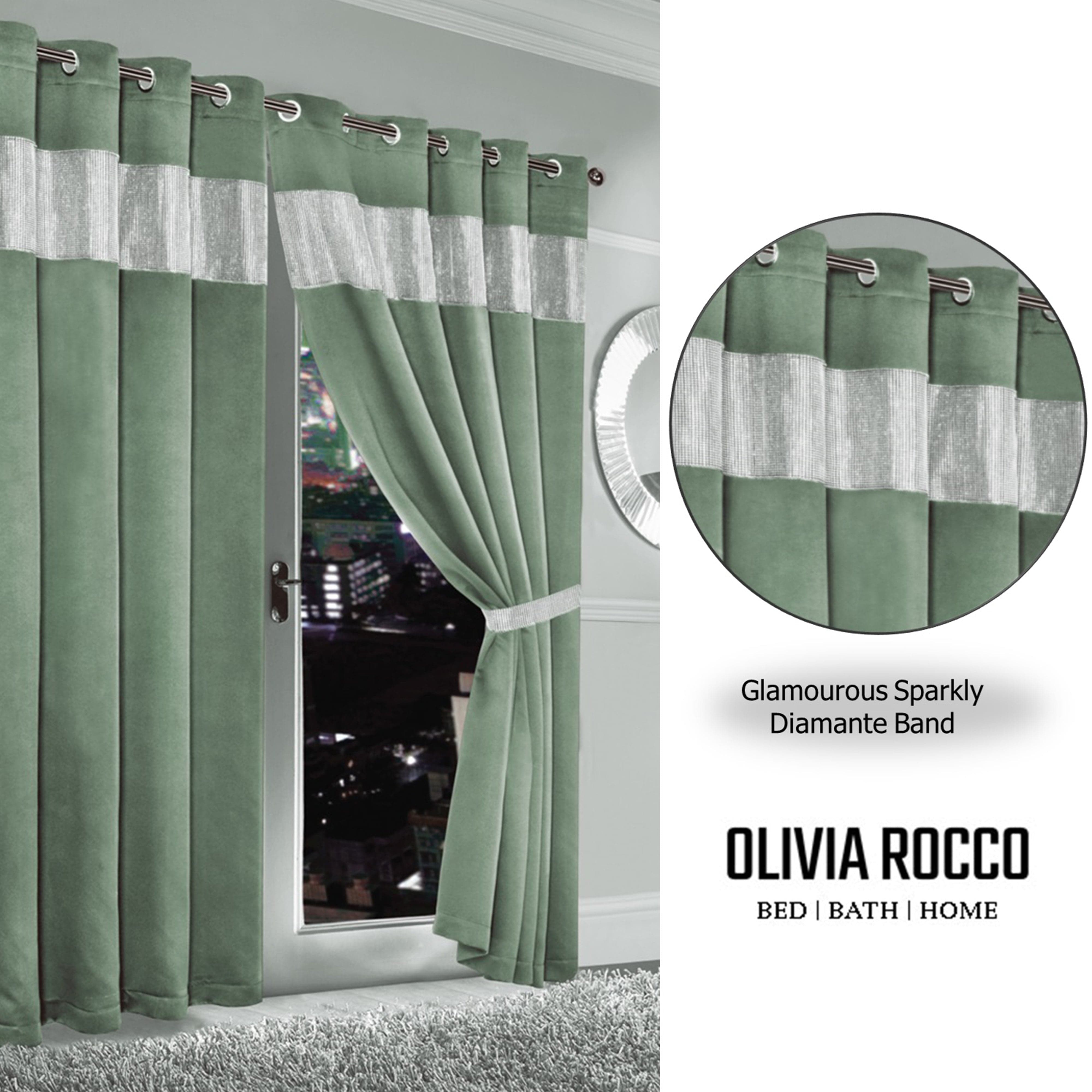 OLIVIA ROCCO Diamante Sage Green Blackout Eyelet Curtains With Tie Backs Thermal Ring Top Window Dressings For Living Room