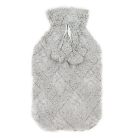 OLIVIA ROCCO Diamond Fleece Plush Hot Water Bottle 2L With Pom Poms, Natural Rubber, UK Safe Tested, Cozy Warmth For Winter Nights