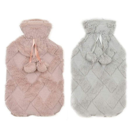 OLIVIA ROCCO Diamond Fleece Plush Hot Water Bottle 2L With Pom Poms, Natural Rubber, UK Safe Tested, Cozy Warmth For Winter Nights