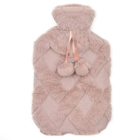 OLIVIA ROCCO Diamond Fleece Plush Hot Water Bottle 2L With Pom Poms, Natural Rubber, UK Safe Tested, Cozy Warmth For Winter Nights