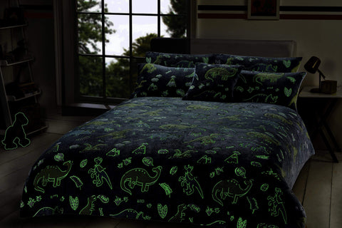 OLIVIA ROCCO Dinosaur Glow In The Dark Teddy Fleece Duvet Set With Bed Throw And Cushion For Kids Single And Double Sizes