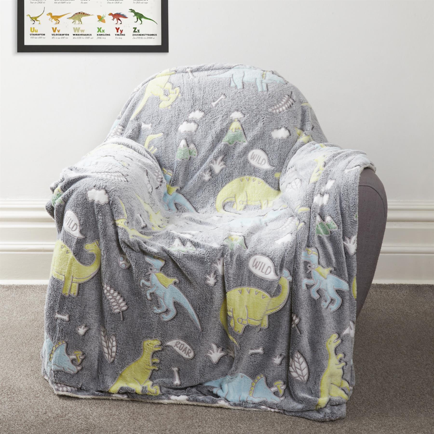 OLIVIA ROCCO Dinosaur Glow In The Dark Teddy Fleece Duvet Set With Bed Throw And Cushion For Kids Single And Double Sizes