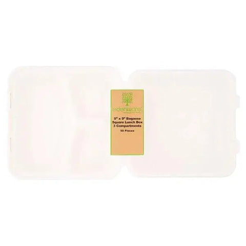 Edenware 9" x 9" Bagasse Square Lunch Box 50 Pieces