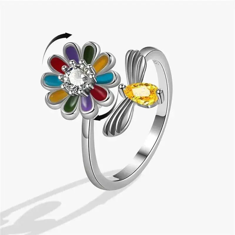 Exquisite Spinning Sunflower Bee Anxiety Ring For Women Adjustable Fidget Spinner Rings Wedding Jewelry Summer Design Anillos