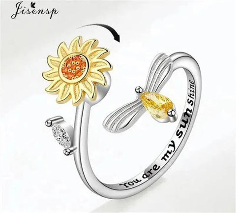 Exquisite Spinning Sunflower Bee Anxiety Ring For Women Adjustable Fidget Spinner Rings Wedding Jewelry Summer Design Anillos