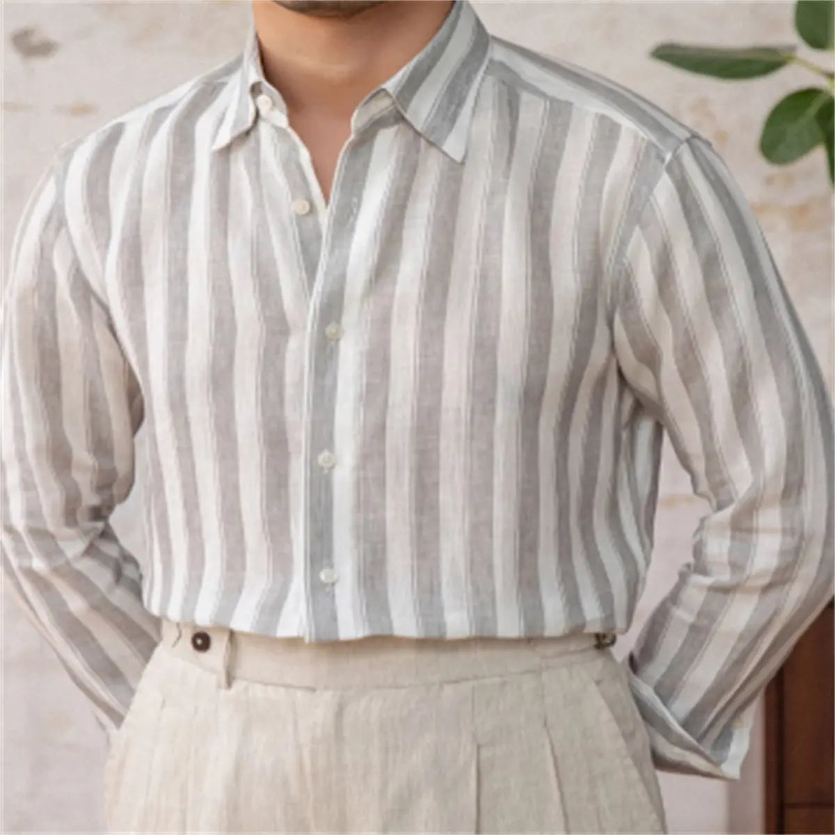 Linen Wide Striped Casual Shirt Italian Style Shirt Versatile