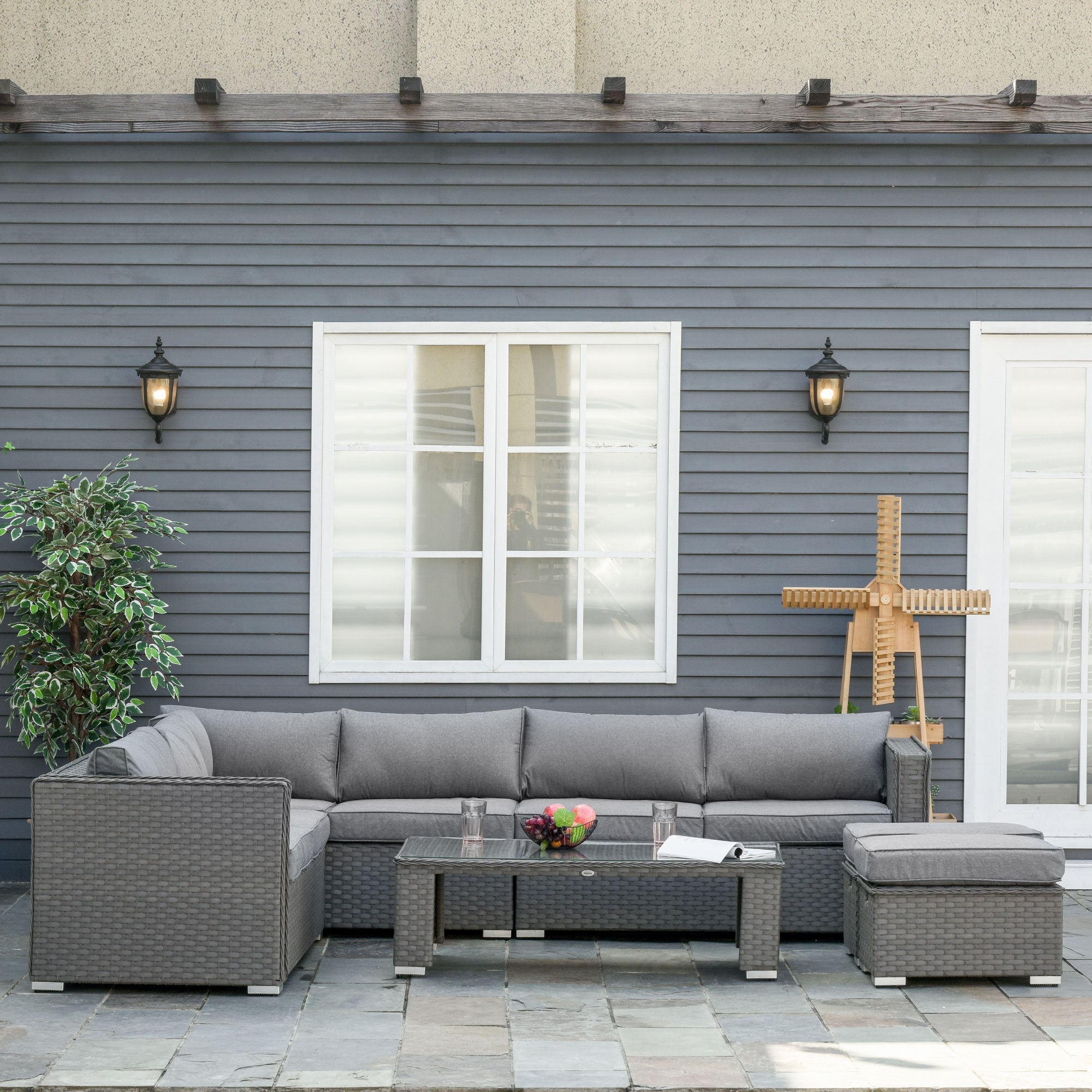 6 PCs PE Rattan Wicker Corner Sofa Set Coffee Table Footstool w/ Cushion - Grey