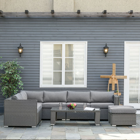 6 PCs PE Rattan Wicker Corner Sofa Set Coffee Table Footstool w/ Cushion - Grey