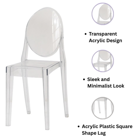 Modern and Contemporary Ghost Clear Plastic Dining Chair – Sleek and Minimalist Look, Transparent Acrylic Design for Dining Rooms, Kitchens, Offices, or Indoor and Outdoor Use
