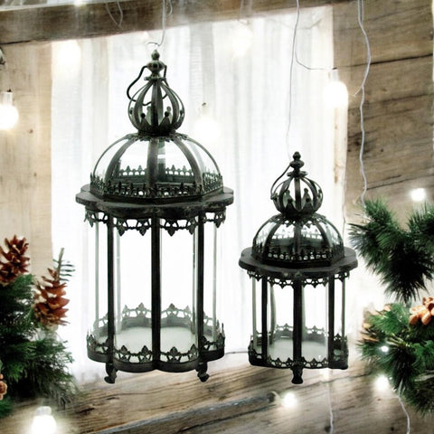 Stylish Set of 2 Metal Grey Tealight Lantern Holders – Decorative Glass & Metal Candle Holders, Versatile for Tealight or Mini Pillar Candles, Perfect for Home, Garden & Tabletop Décor