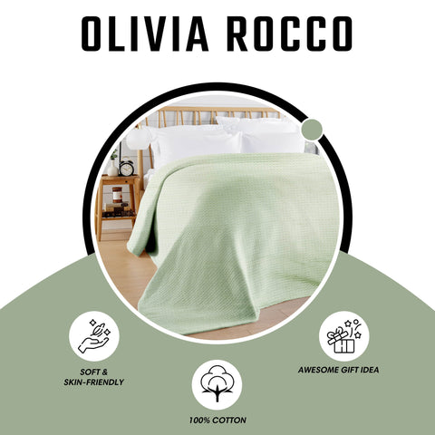 OLIVIA ROCCO Florian Checked Throw Blanket Sage Green 100 Percent Cotton Bedspread For Sofas Armchairs Settee Couch Living Room Decor
