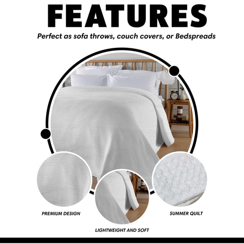 OLIVIA ROCCO Florian Checked Throw Blanket White 100 Percent Cotton Bedspread For Sofas Armchairs Settees Couches Beds Decor