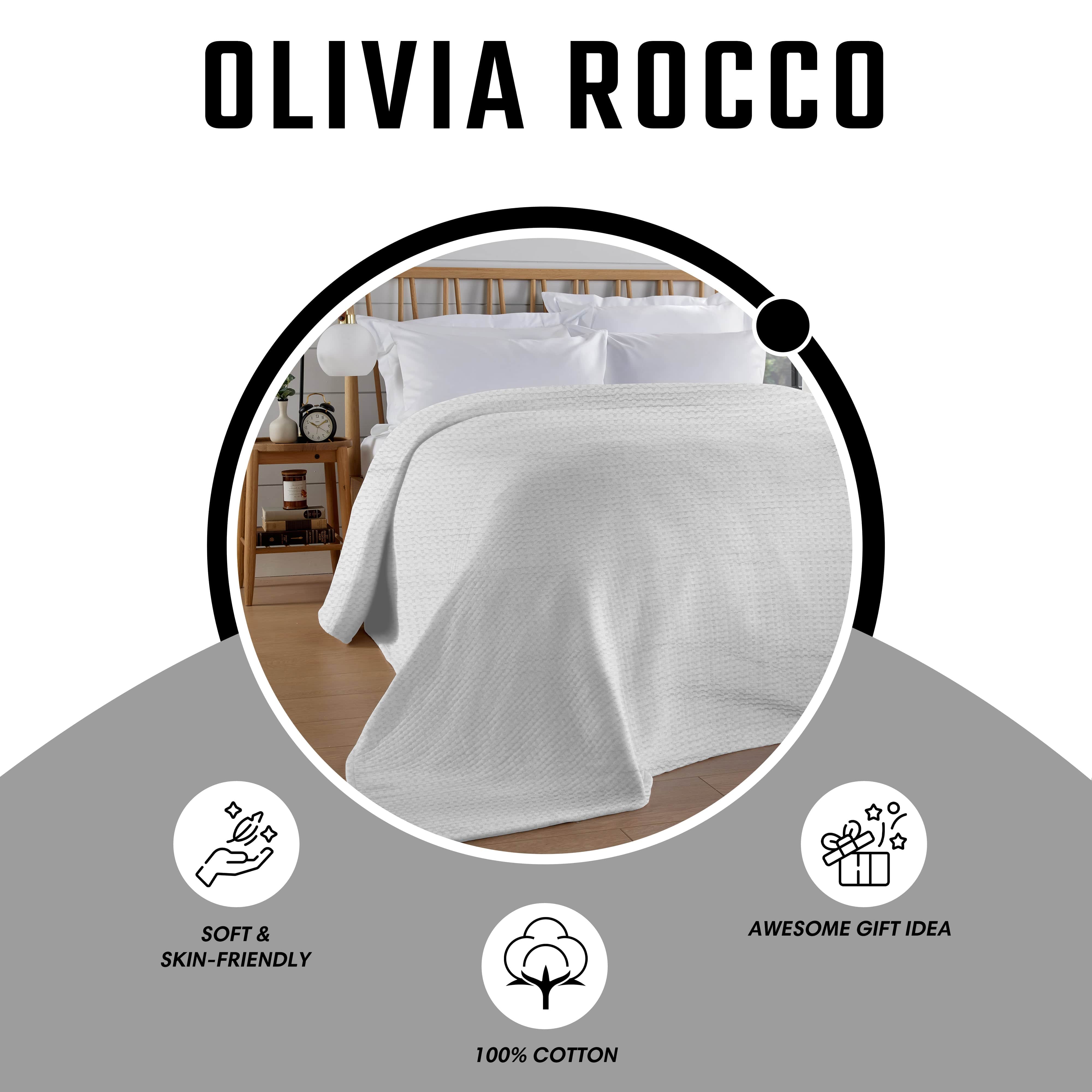 OLIVIA ROCCO Florian Checked Throw Blanket White 100 Percent Cotton Bedspread For Sofas Armchairs Settees Couches Beds Decor