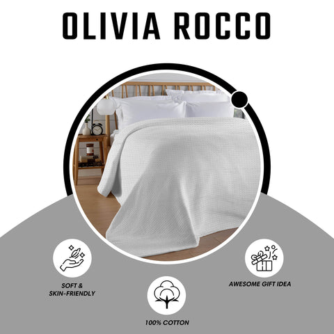 OLIVIA ROCCO Florian Checked Throw Blanket White 100 Percent Cotton Bedspread For Sofas Armchairs Settees Couches Beds Decor