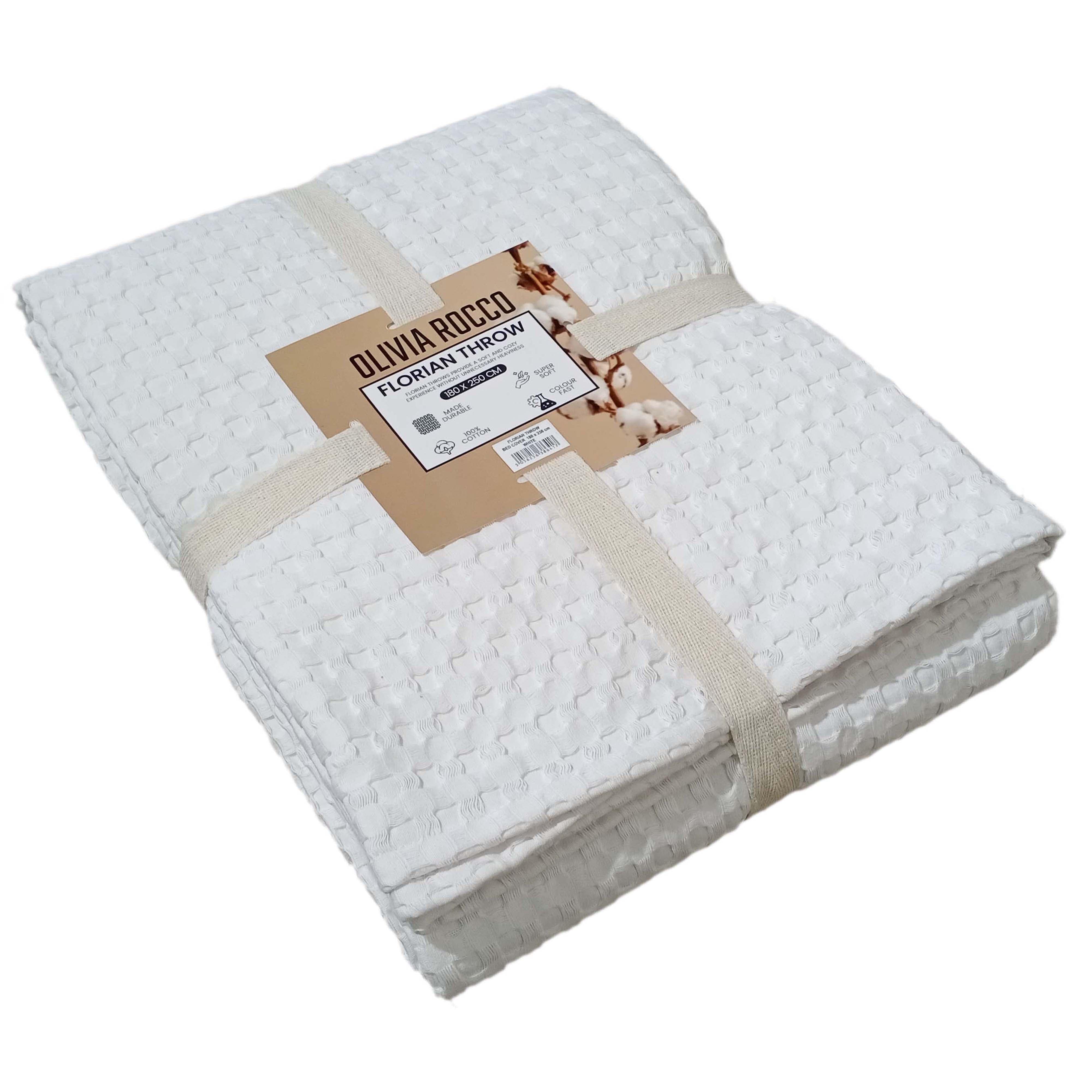 OLIVIA ROCCO Florian Checked Throw Blanket White 100 Percent Cotton Bedspread For Sofas Armchairs Settees Couches Beds Decor