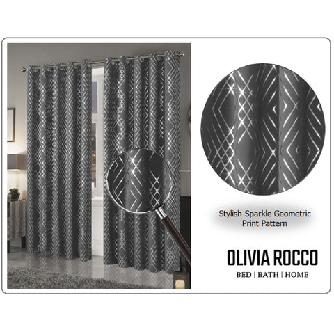 OLIVIA ROCCO Geometric Sparkle Blackout Curtains Silver Eyelet Ring Top Soft Thermal Insulated Drapes For Living Room And Bedroom