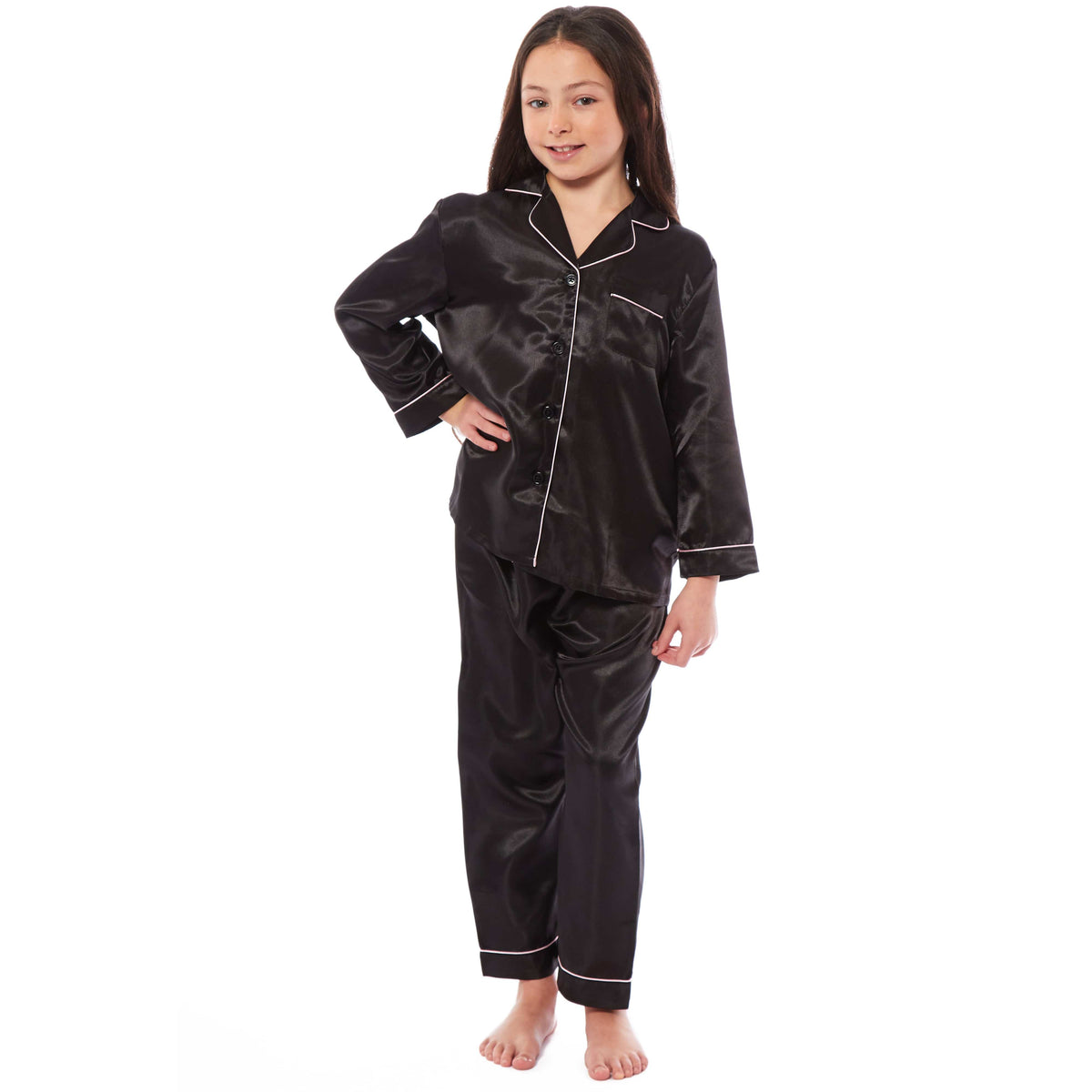 OLIVIA ROCCO Girls Satin Silk Long Sleeve Pajama Set Black Pink Grey 5-14 Button Down Shirt Loose Fit Pants Daisy Dreamer