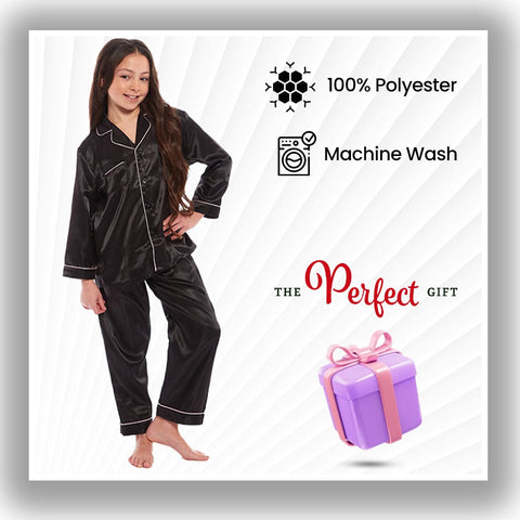 OLIVIA ROCCO Girls Satin Silk Long Sleeve Pajama Set Black Pink Grey 5-14 Button Down Shirt Loose Fit Pants Daisy Dreamer