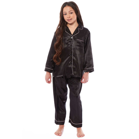 OLIVIA ROCCO Girls Satin Silk Long Sleeve Pajama Set Black Pink Grey 5-14 Button Down Shirt Loose Fit Pants Daisy Dreamer