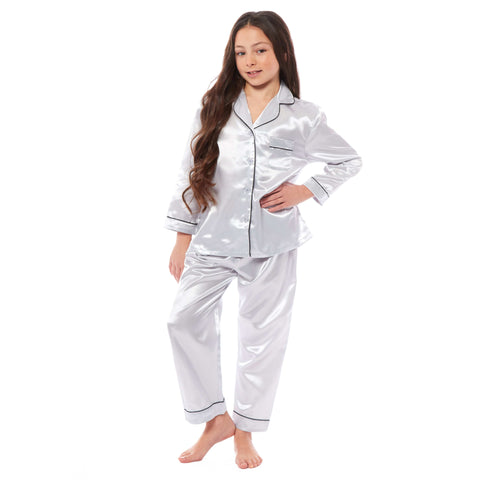 OLIVIA ROCCO Girls Satin Silk Long Sleeve Pajama Set Black Pink Grey 5-14 Button Down Shirt Loose Fit Pants Daisy Dreamer