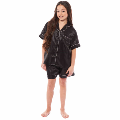 OLIVIA ROCCO Girls Satin Silk Short Pyjama Set Button Down Shirt And Loose Fitting Pants Ages 5-14 Black Pink Grey Cozy Nightwear