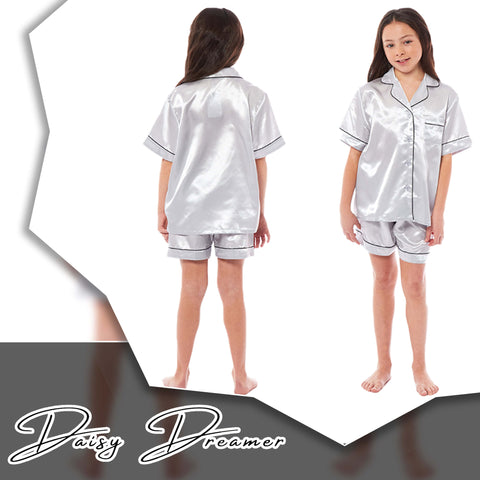 OLIVIA ROCCO Girls Satin Silk Short Pyjama Set Button Down Shirt And Loose Fitting Pants Ages 5-14 Black Pink Grey Cozy Nightwear