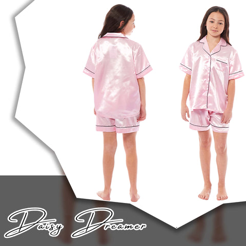 OLIVIA ROCCO Girls Satin Silk Short Pyjama Set Button Down Shirt And Loose Fitting Pants Ages 5-14 Black Pink Grey Cozy Nightwear