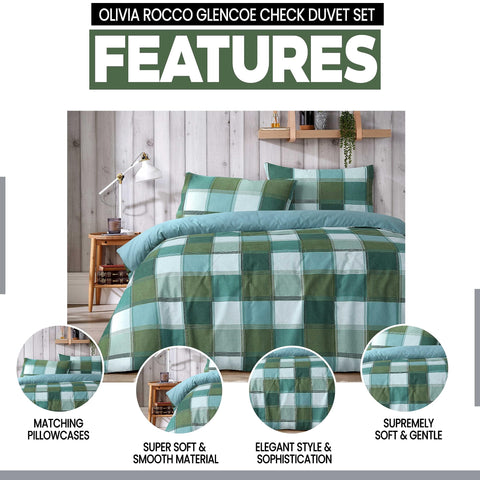 OLIVIA ROCCO Glencoe Check Duvet Cover Set Reversible Polycotton With Pillowcases Available in Single Double King Sizes In Stock