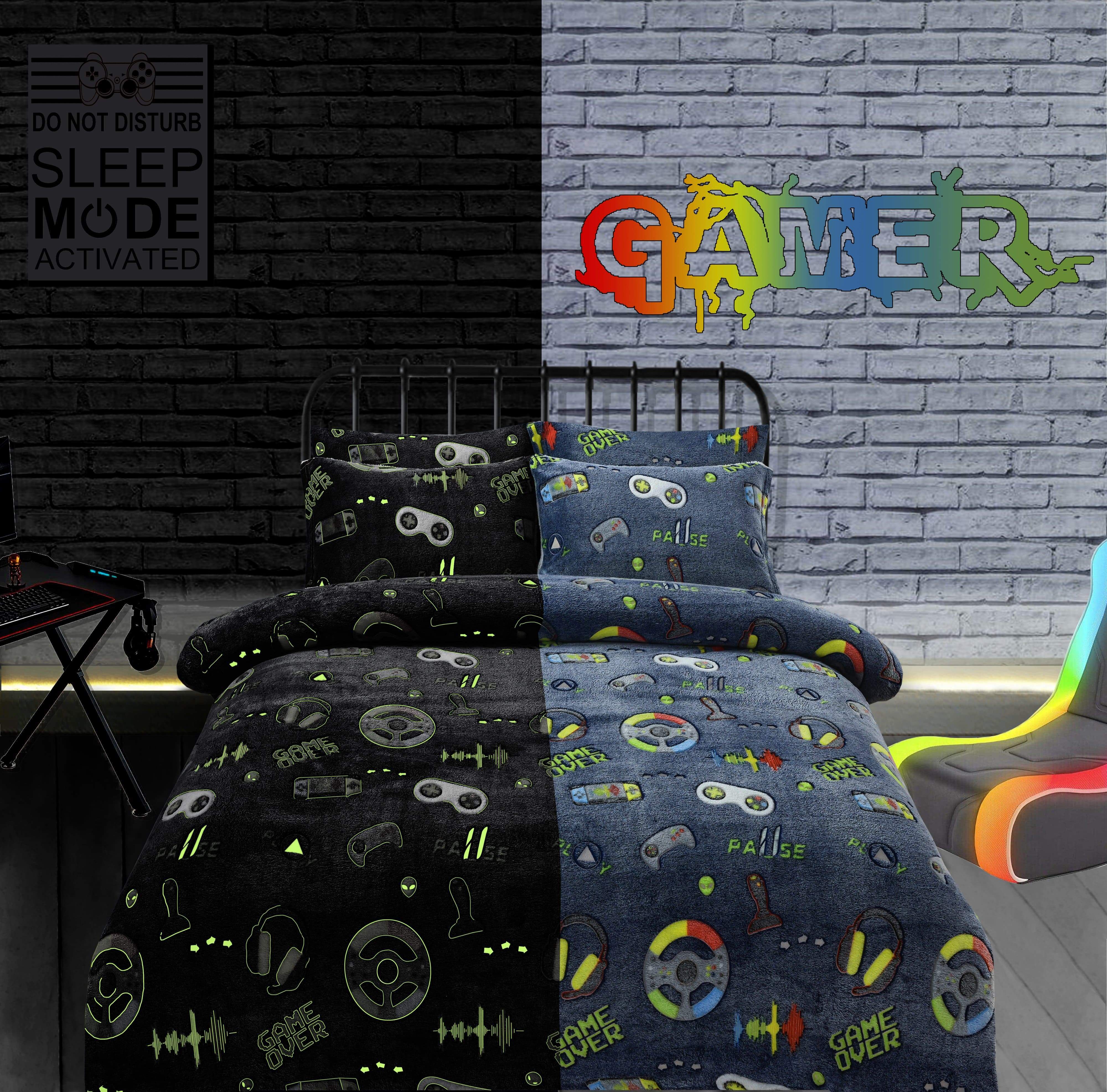 OLIVIA ROCCO Glow In The Dark Teddy Fleece Duvet Set For Kids Winter Warm Cosy Bedding With Soft Plush Texture Machine Washable Easy Care Durable